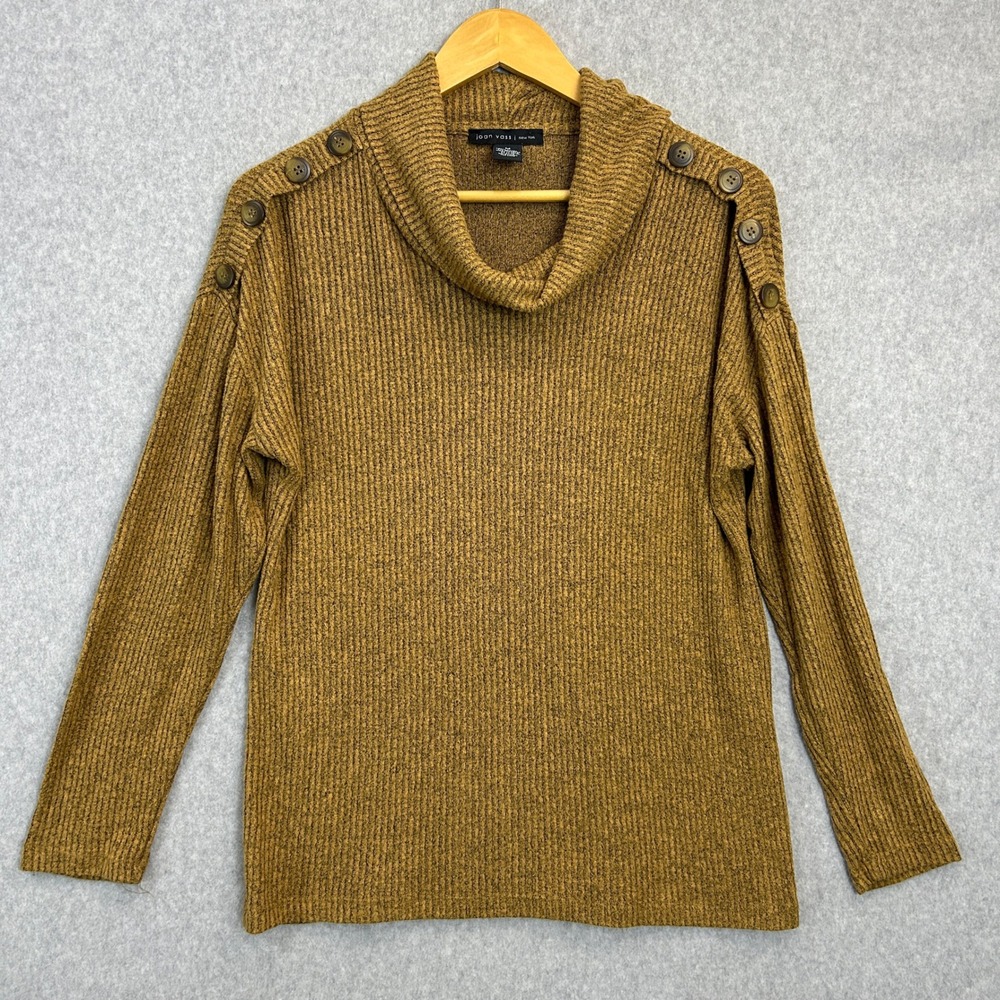 Joan Vass Sz Medium Sweater Mustard Gold Brown Ribbed Cowl Neck Button Shoulder